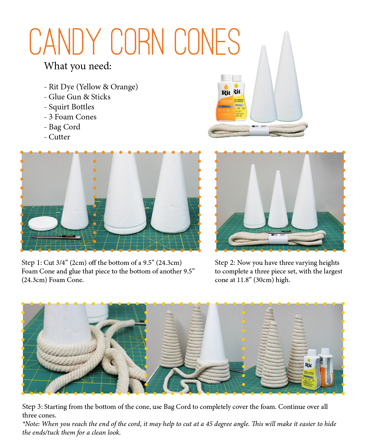 First set of steps to creating your own Candy Corn Cones