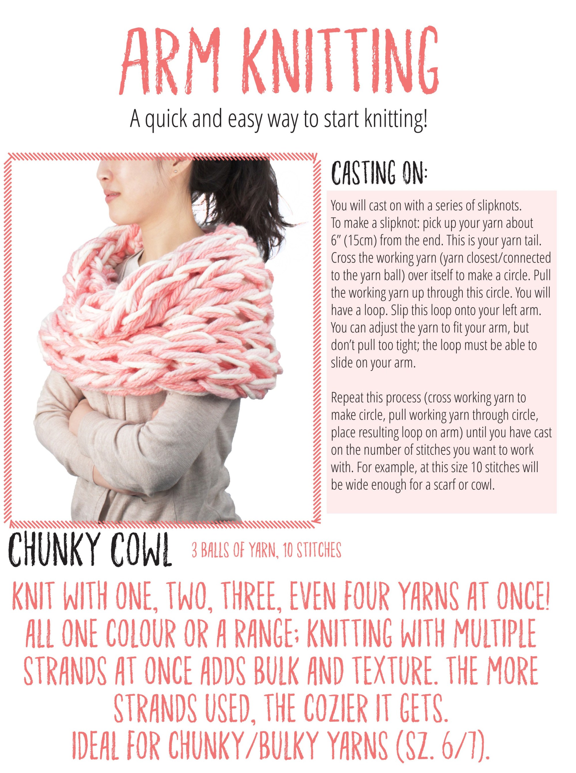 Instructions on create a chunky cowl scarf & how to cast on a series of slipknots