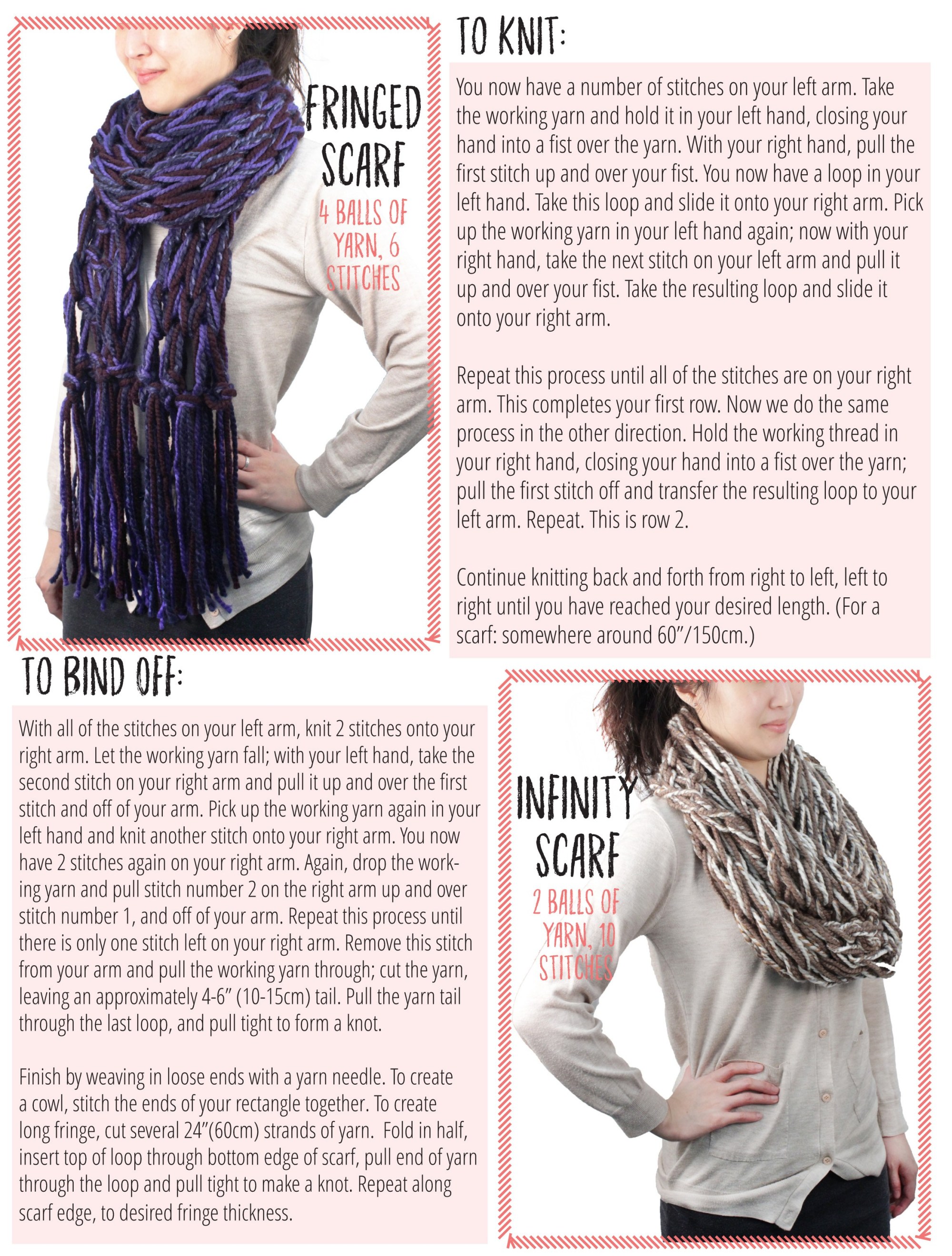 Instructions to create fringed scarf, infinity scarf, how to knit & how to bind off