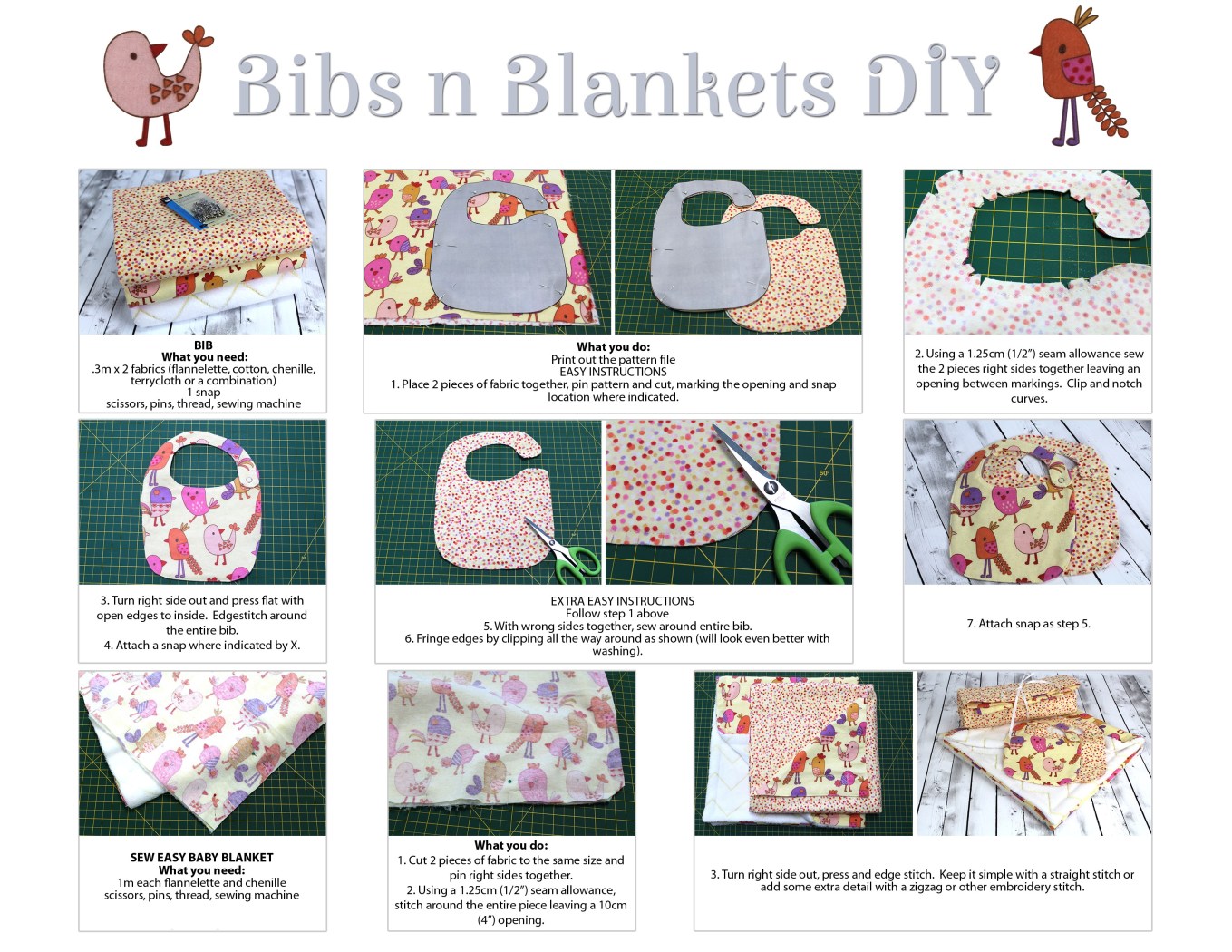 Steps to create your own baby bibs and blankets.