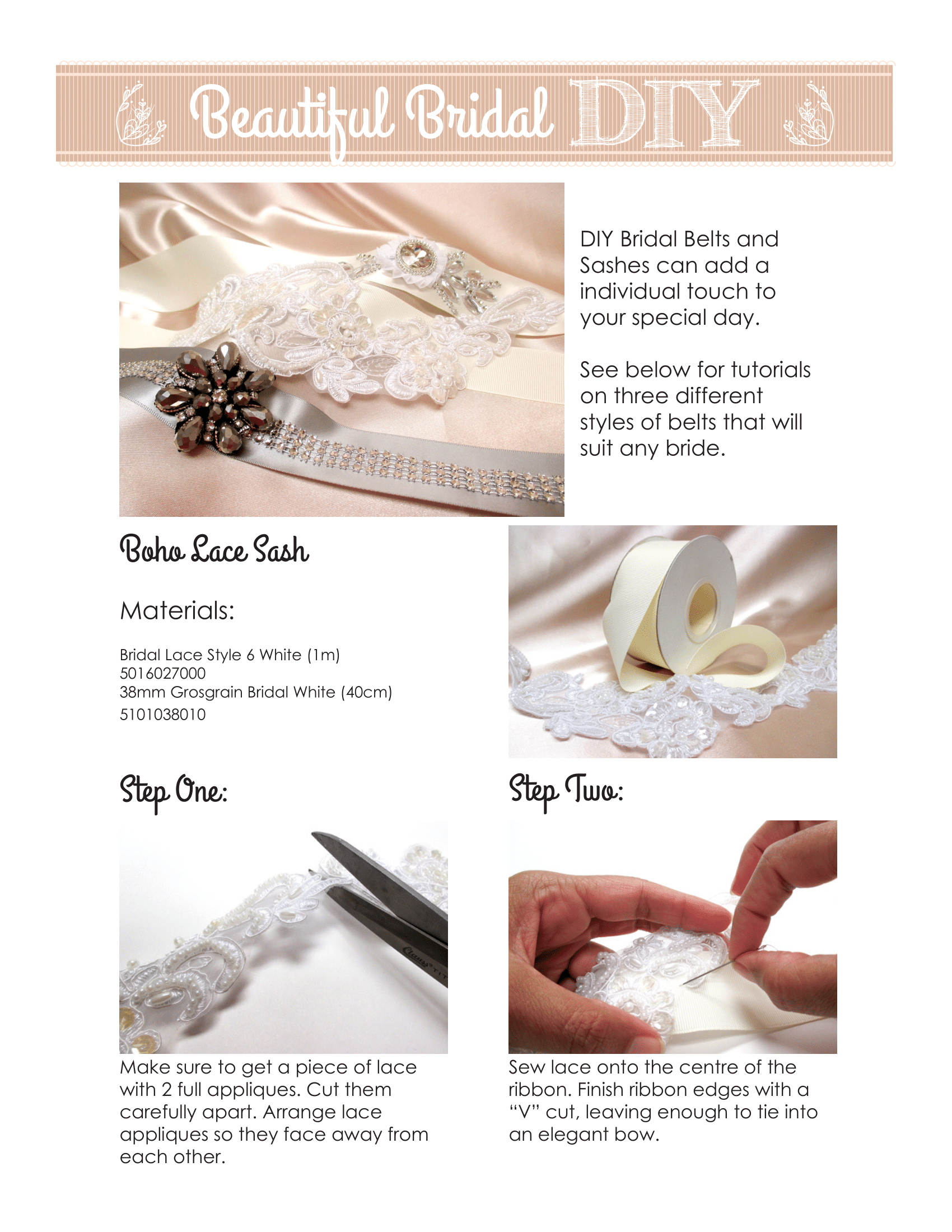 Materials & steps to create boho lace sash