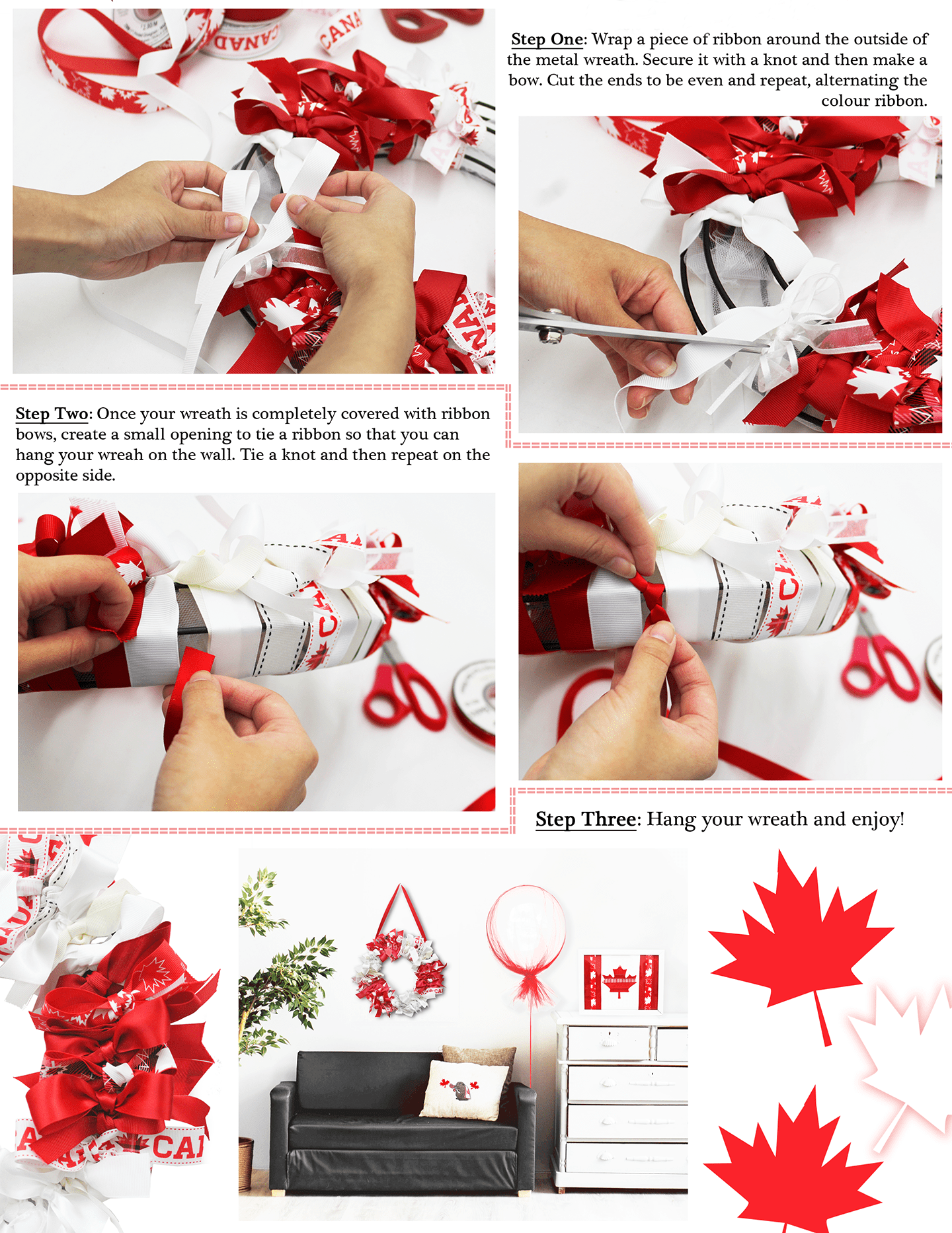 Instructions to create a Canada Day Ribbon Wreath
