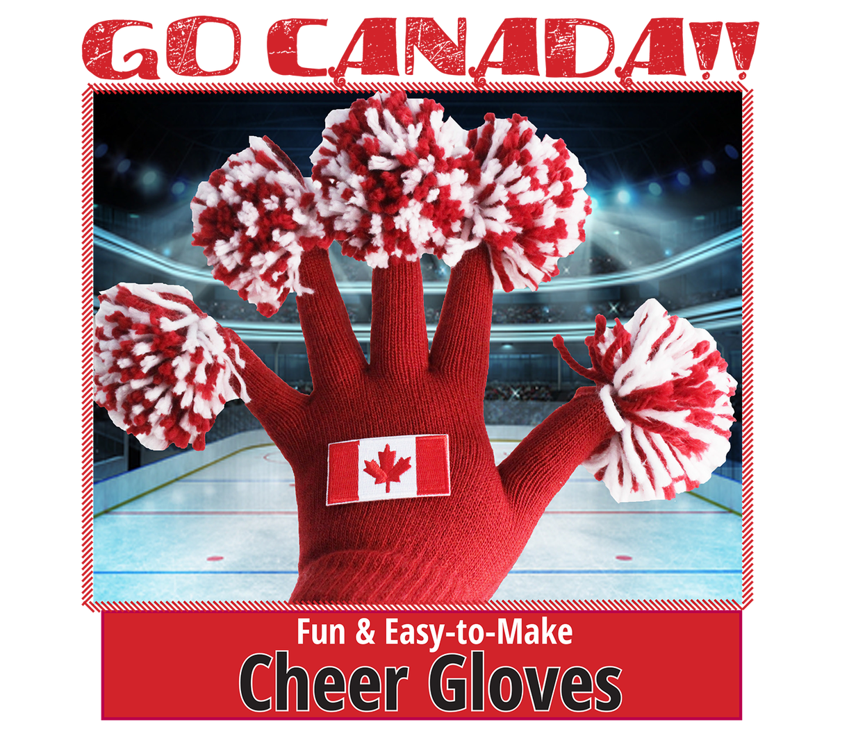 Closeup of completed red Canadian cheer gloves with pompom at the end of the fingertips