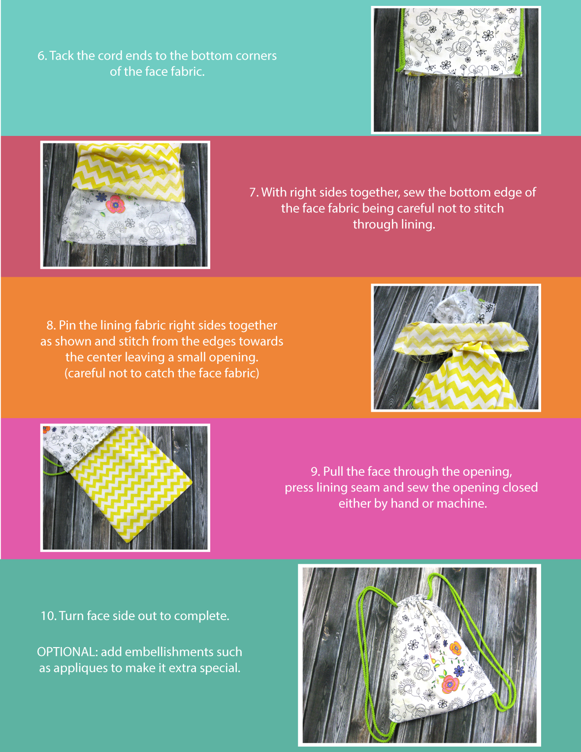 Step 6 to 10 to create your cute drawstring backpack
