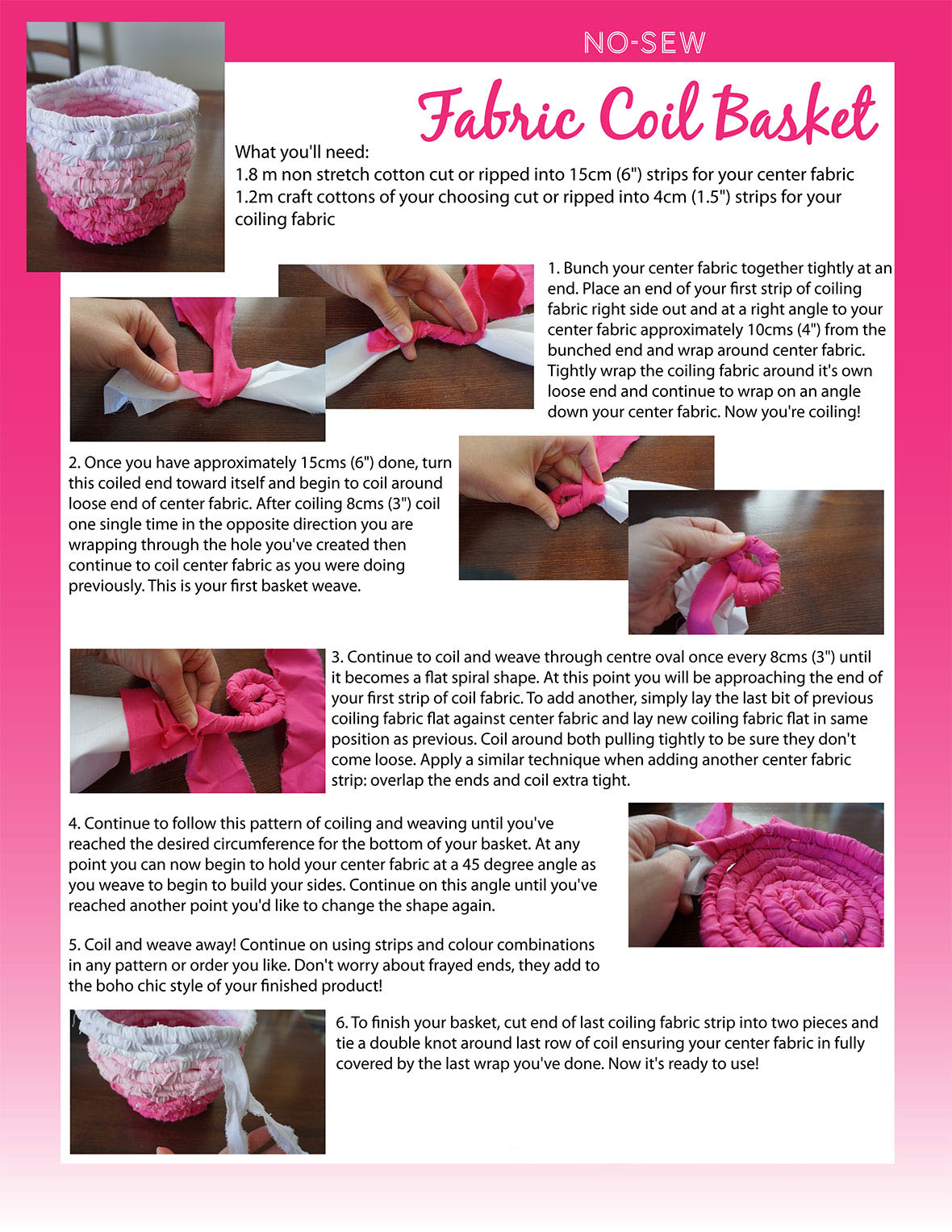 Steps to create your own no-sew fabric coil basket.