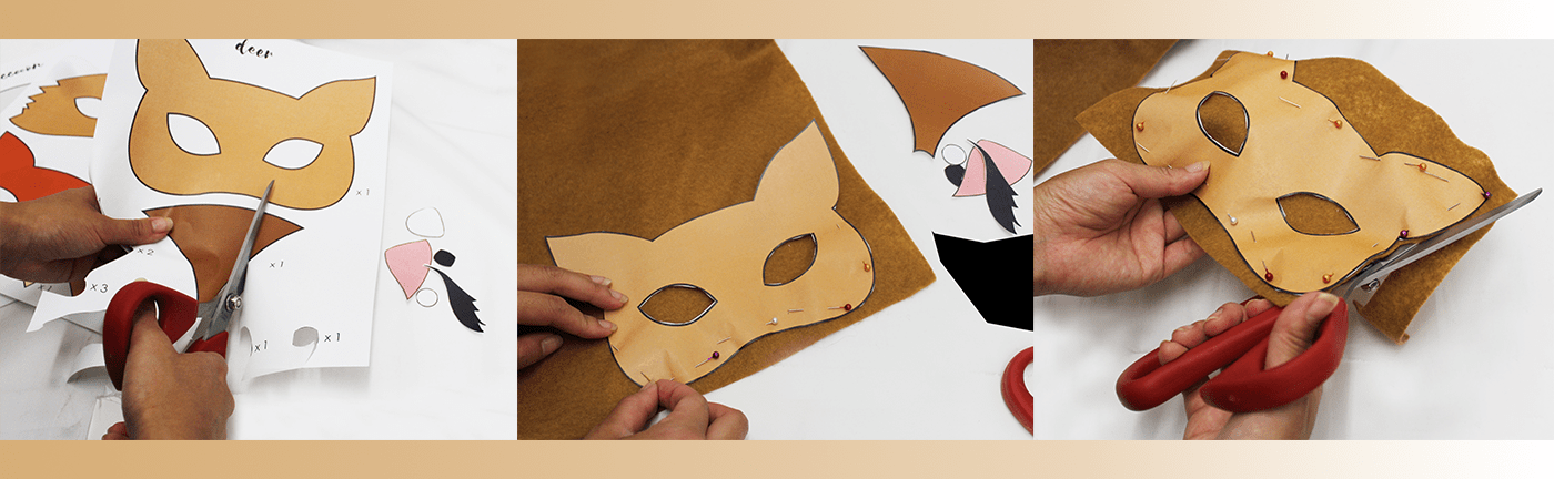 Closeup of cutting patterns and fabric for deer felt mask