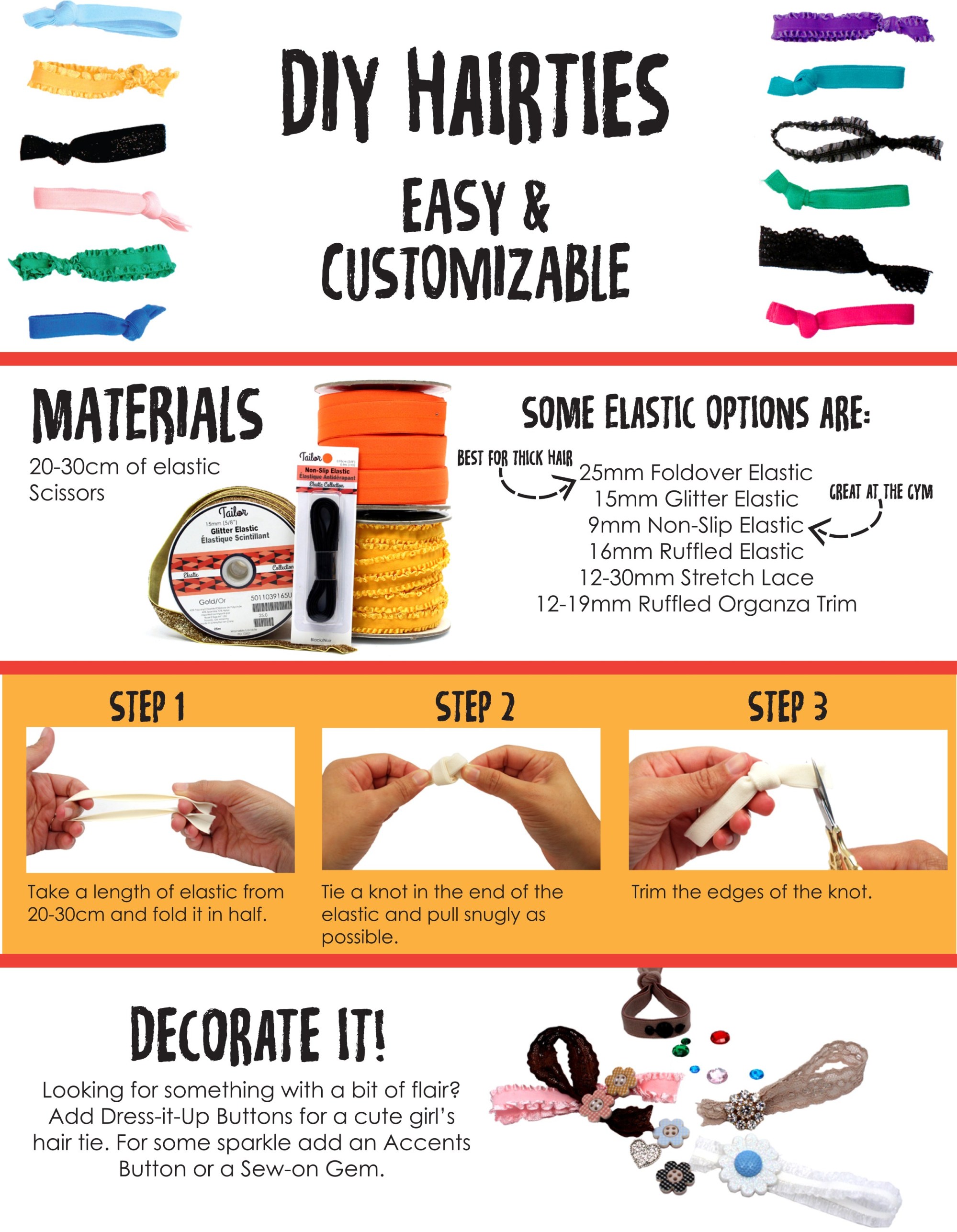 Materials & steps to create easy customizable hairties
