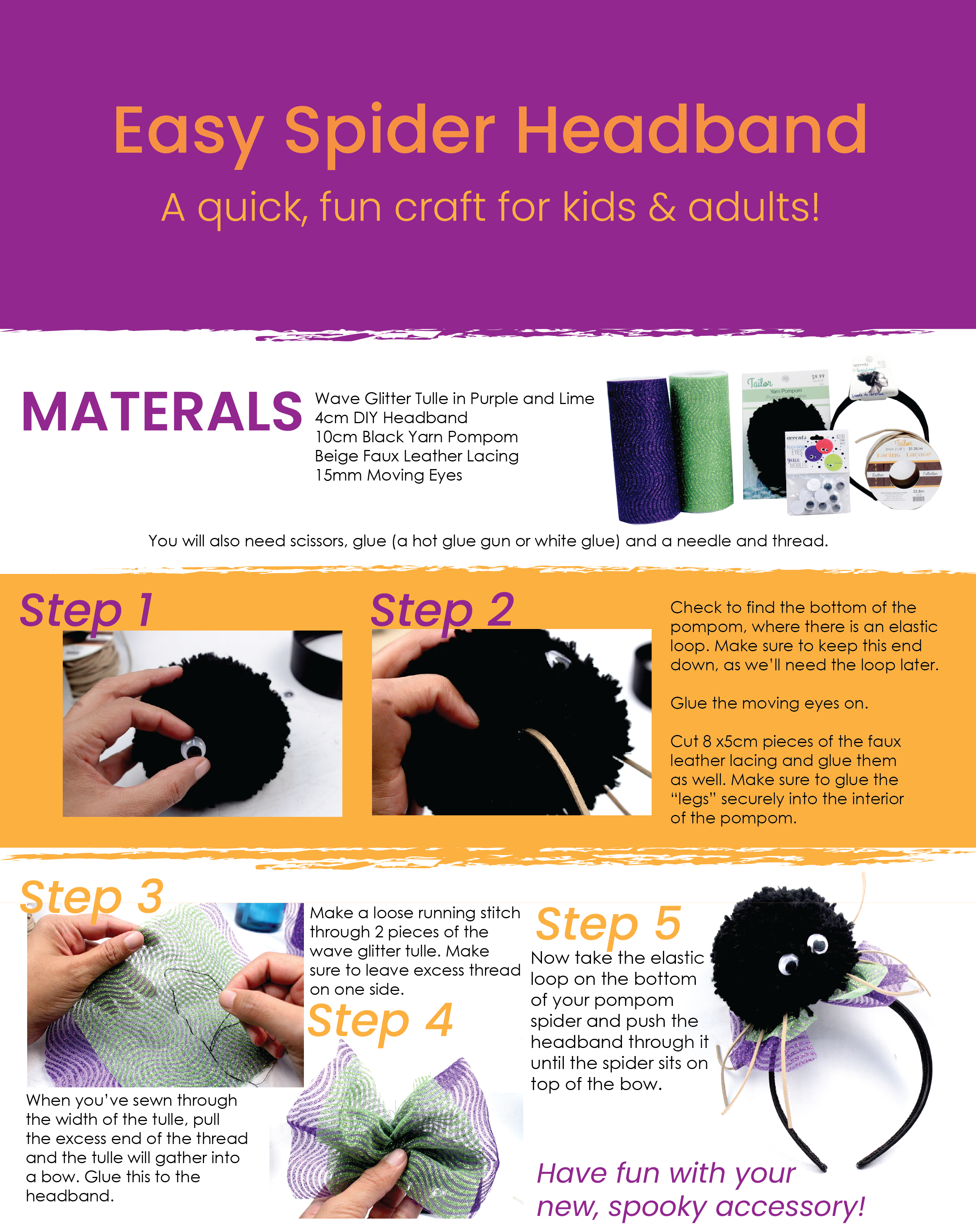 Materials & steps to create a spider headband