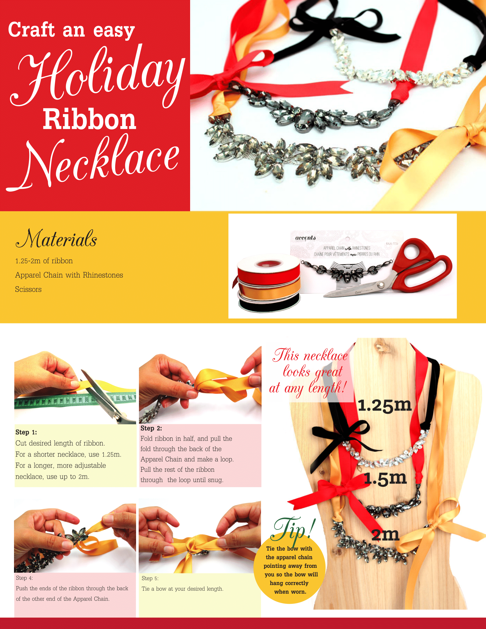 Required materials & steps to create a holiday ribbon necklace