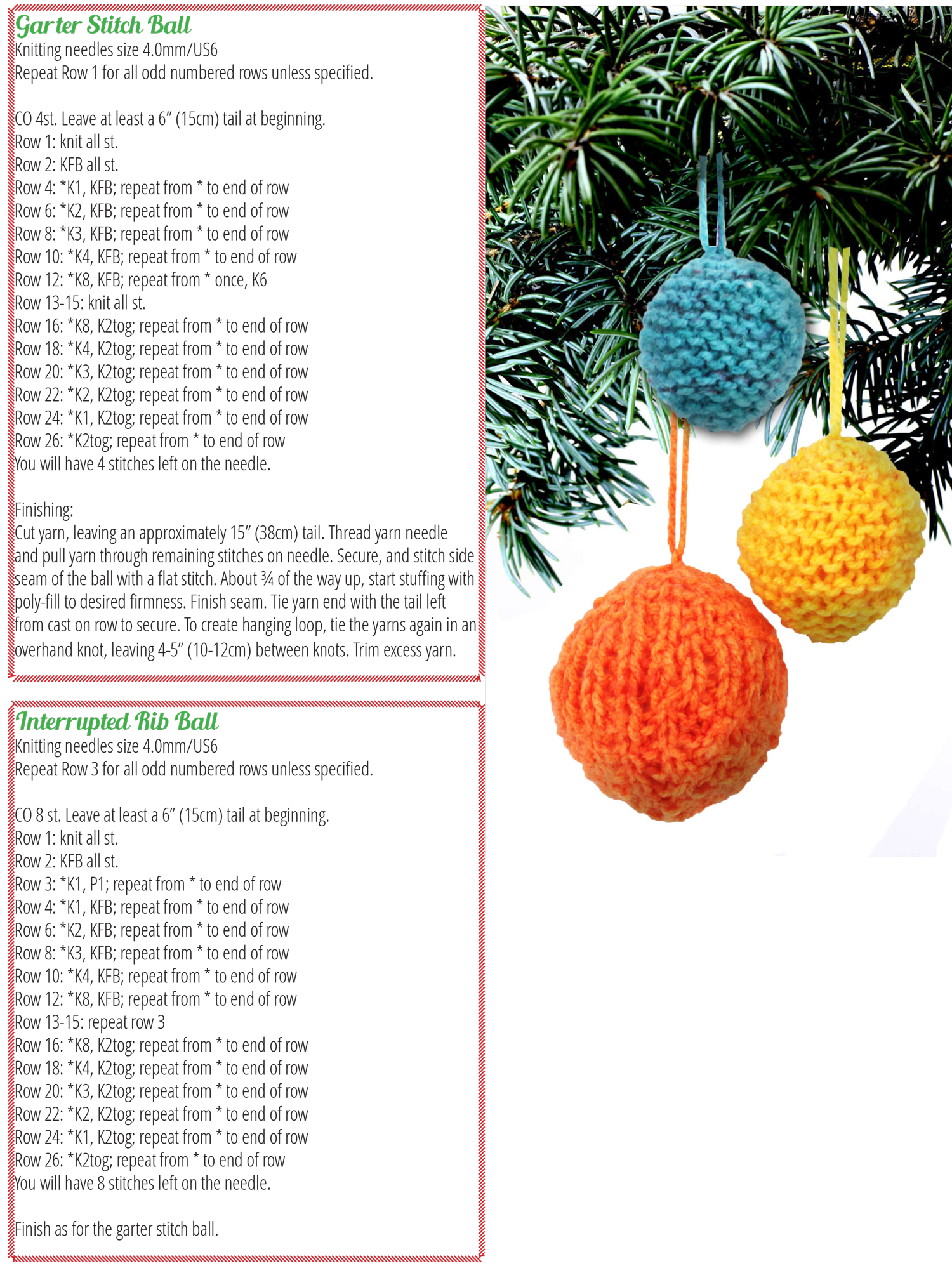 Steps to create garter stitch balls and interrupted rib balls knitted ornaments