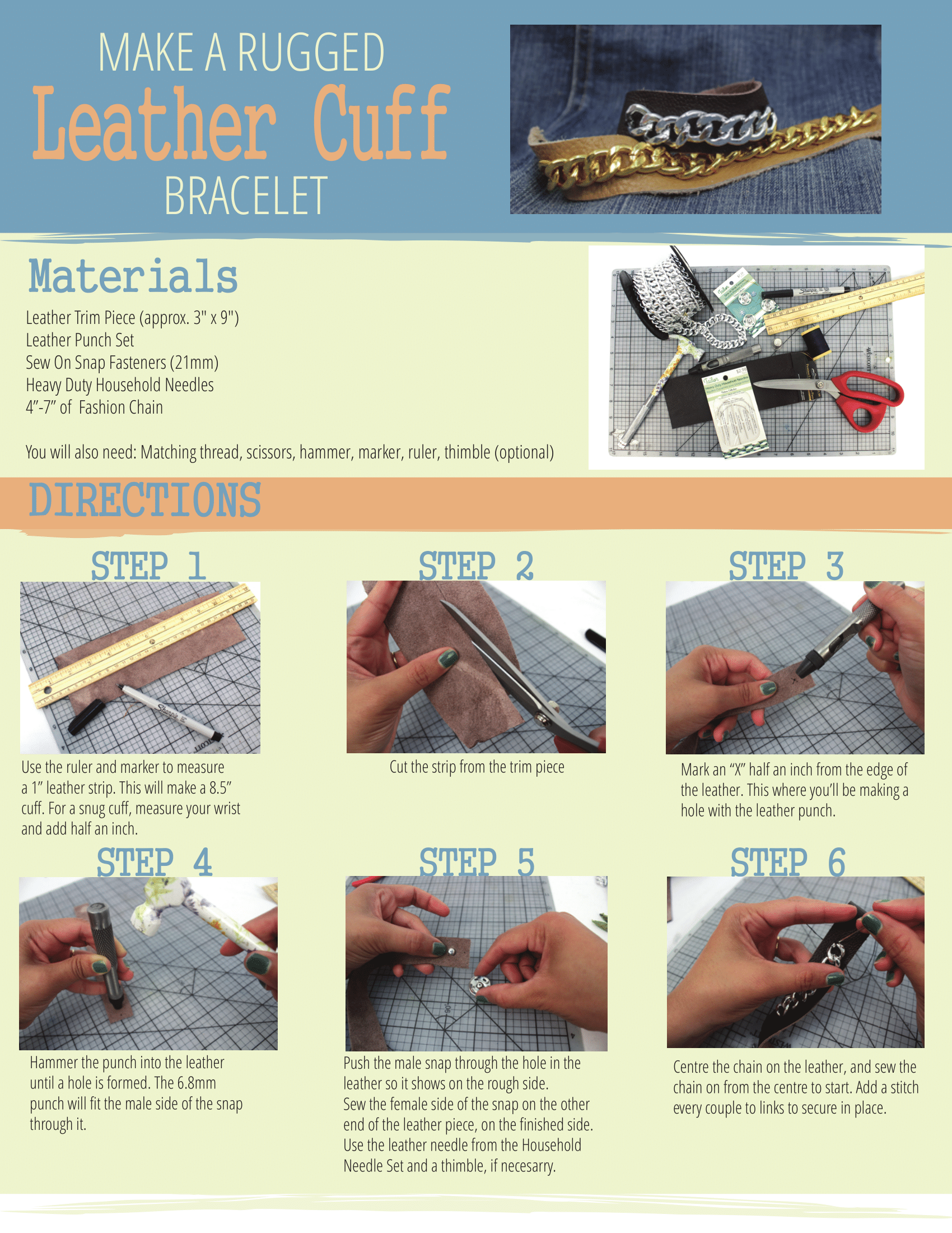 Materials & instructions to create a rugged leather cuff bracelet