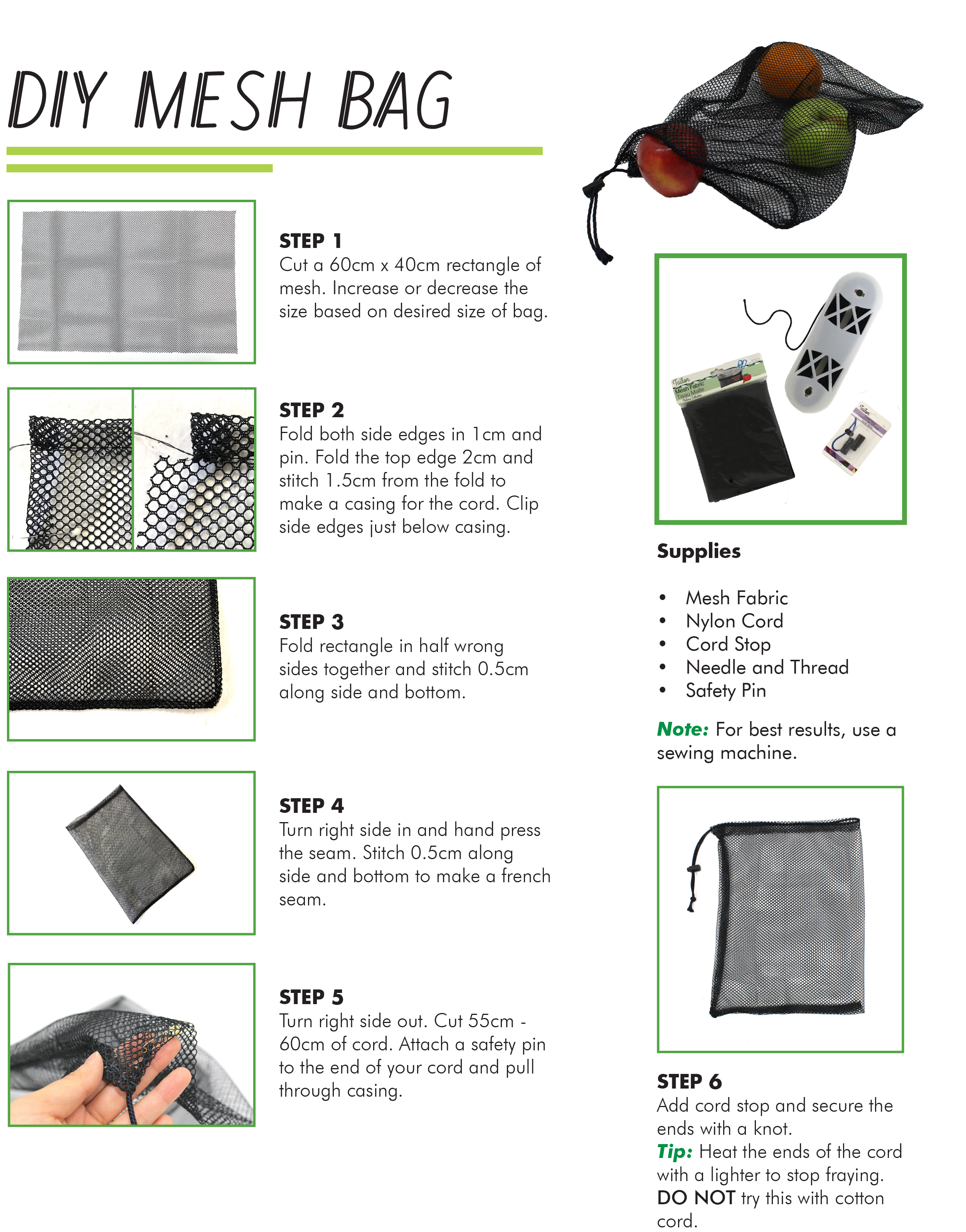 Steps on how to make a reusable mesh bag