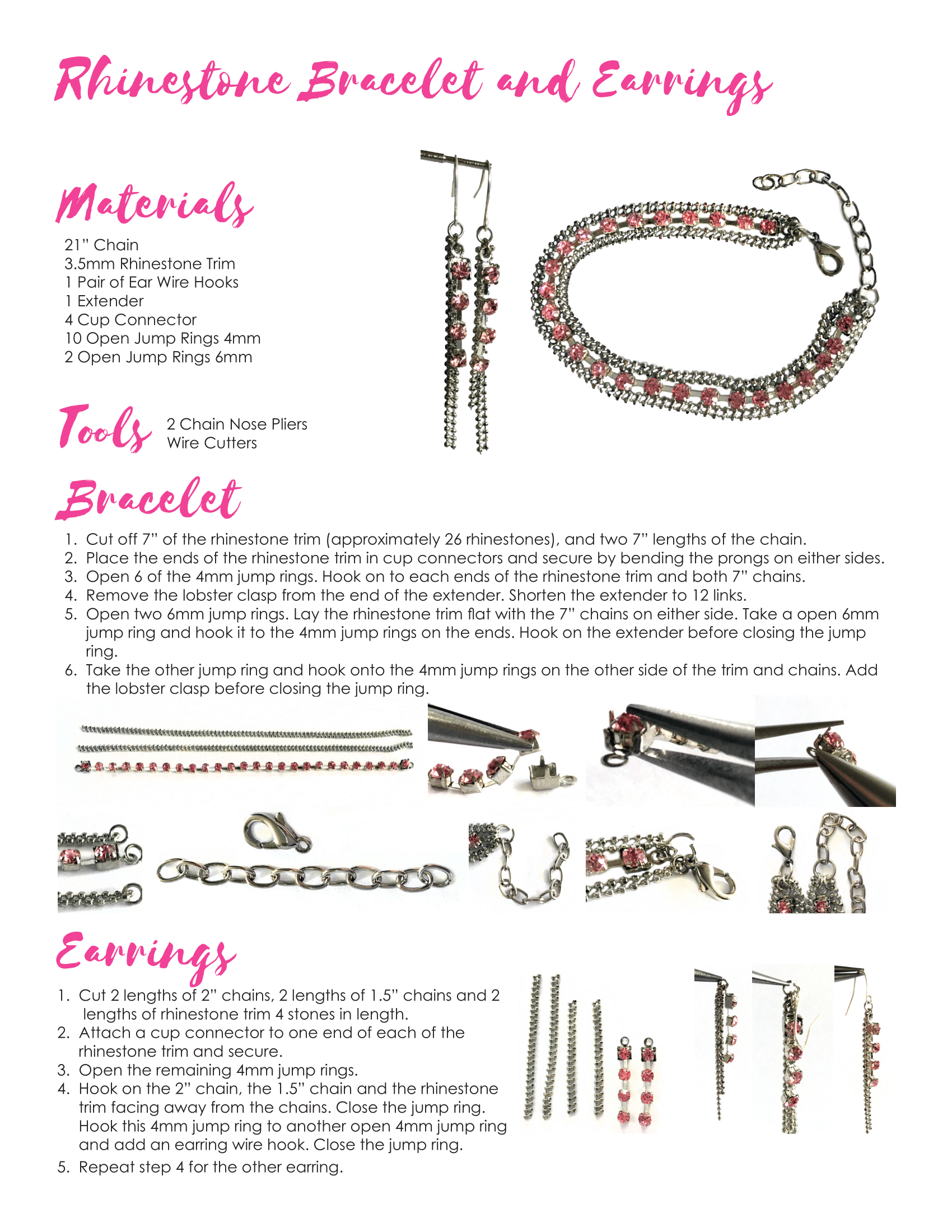 Materials & instructions to create your own rhinestone bracelet & earrings