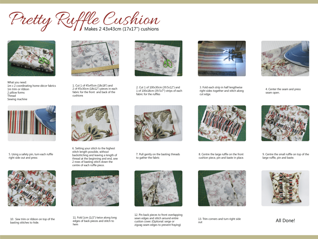 Materials & steps to create two 43x43cm ruffle cushions