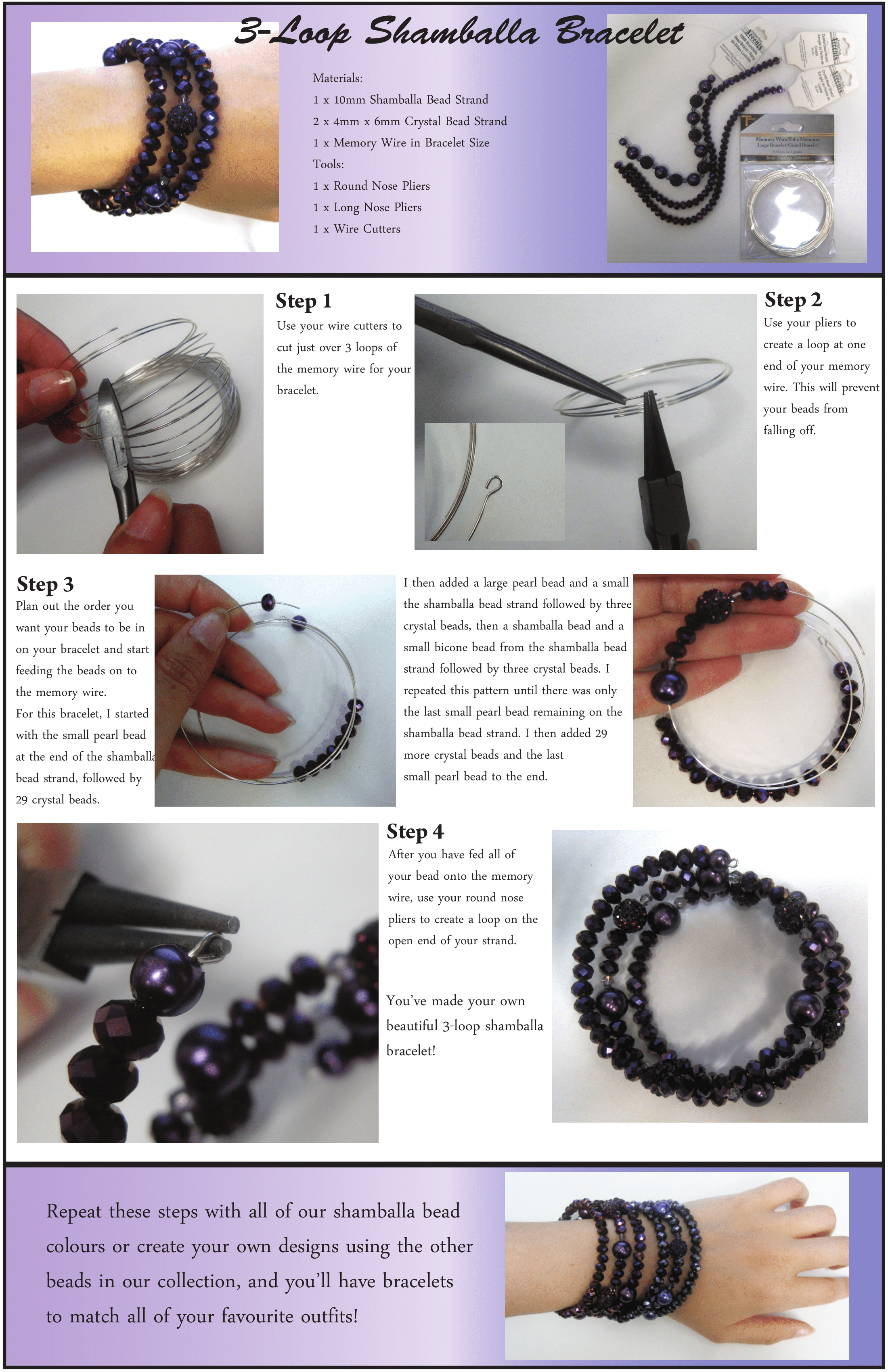 Materials & steps to create a 3-loop shamballa bracelet