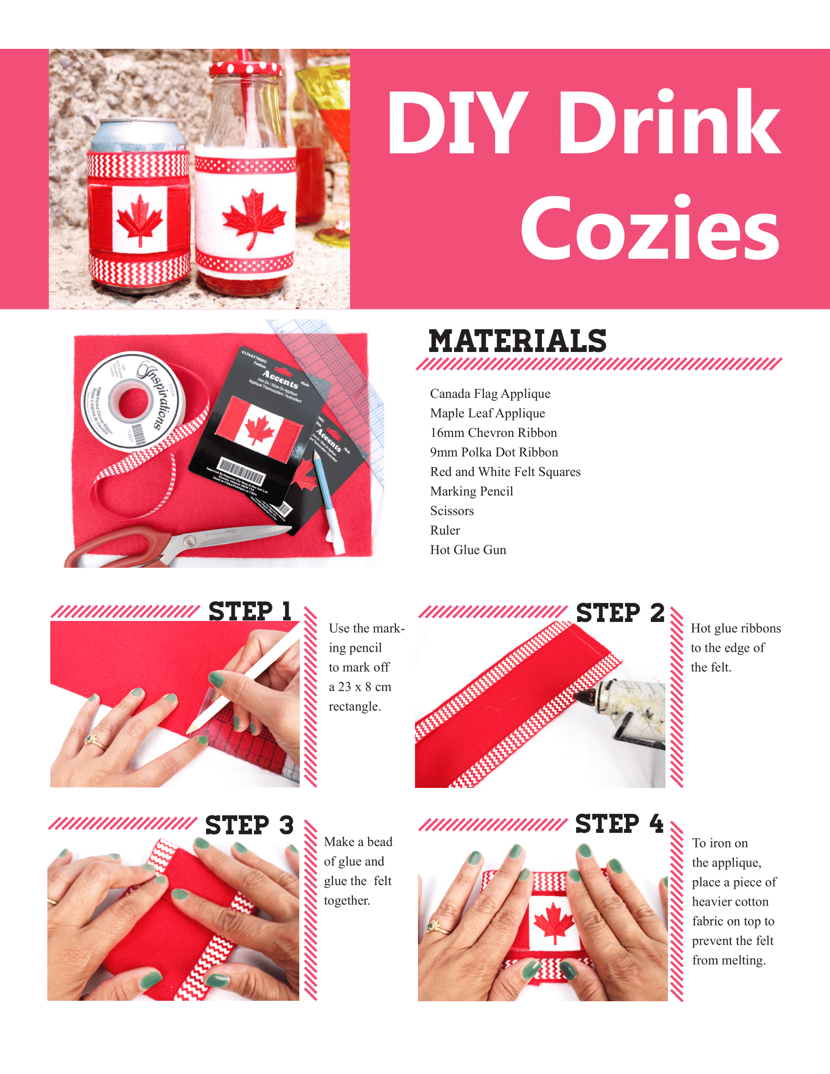 Materials & steps to make your drink cozies