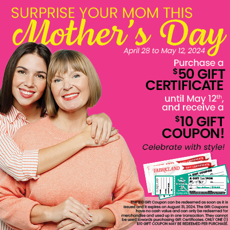 Treat Mom to a surprise this Mother's Day! Get a $10 gift coupon for every $50 gift certificate purchased. Promotion valid April 28-May 12, 2024. Gift Coupon expires August 31, 2024.