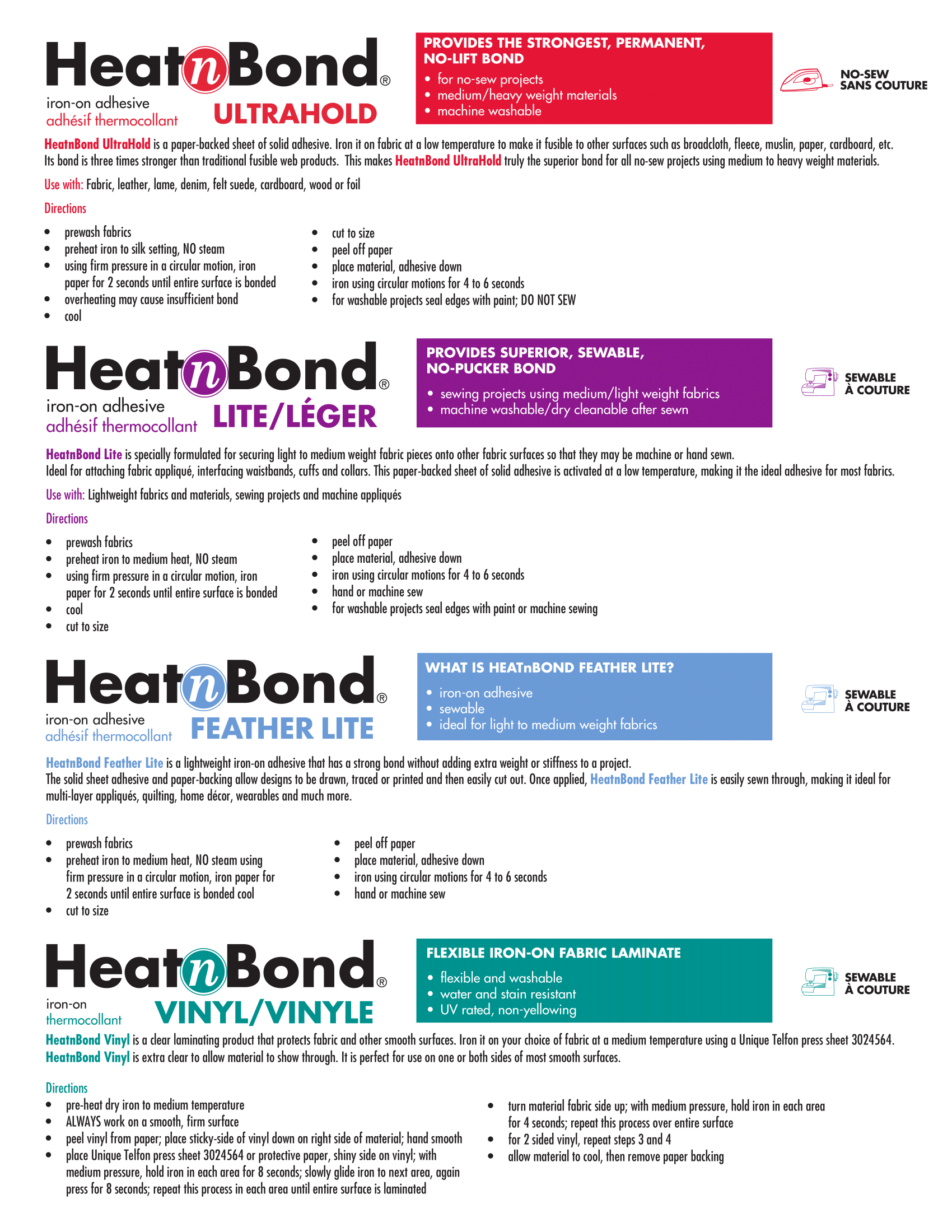 Detailed decription, uses & directions for HeatnBond products