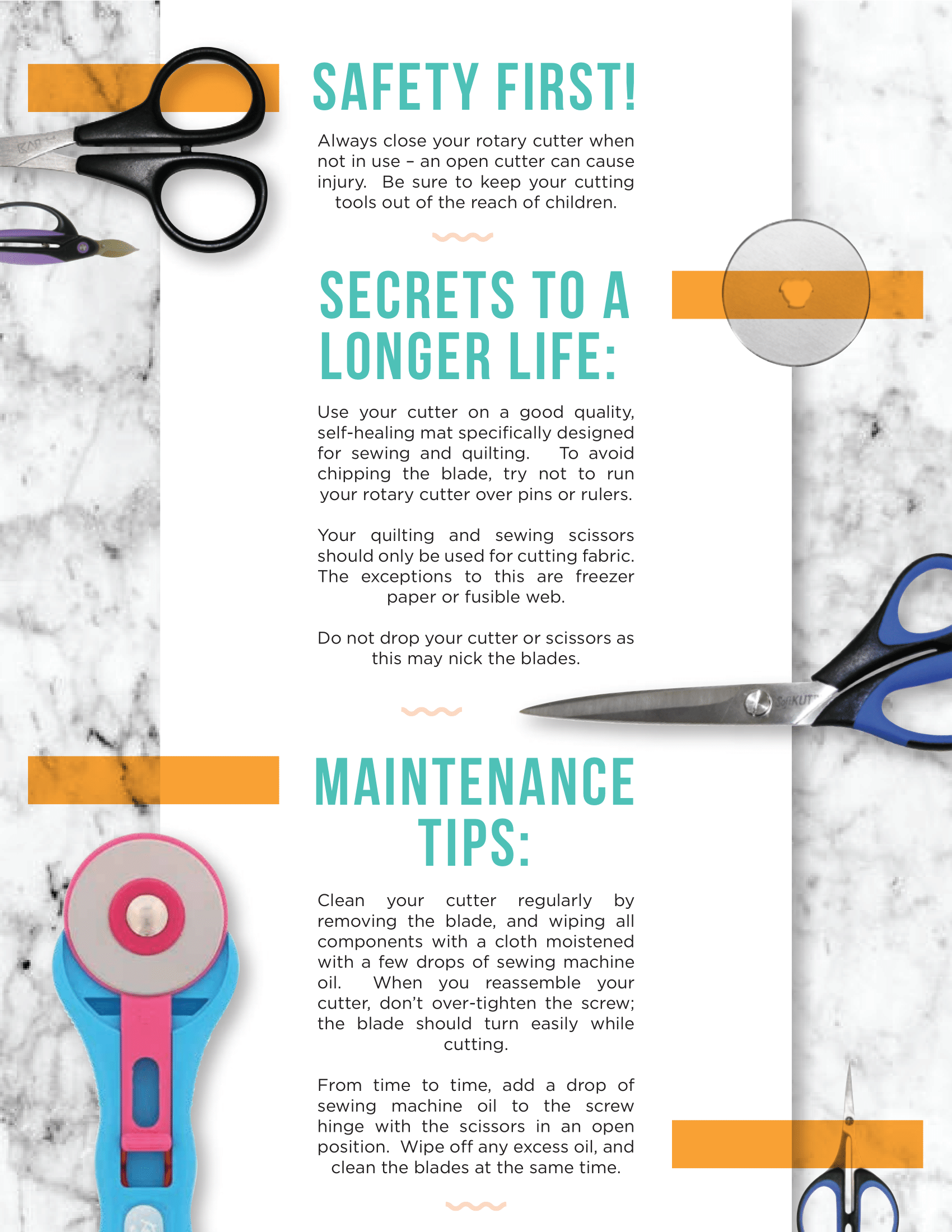 Detailed instruction of how to use and care for scissors & blades